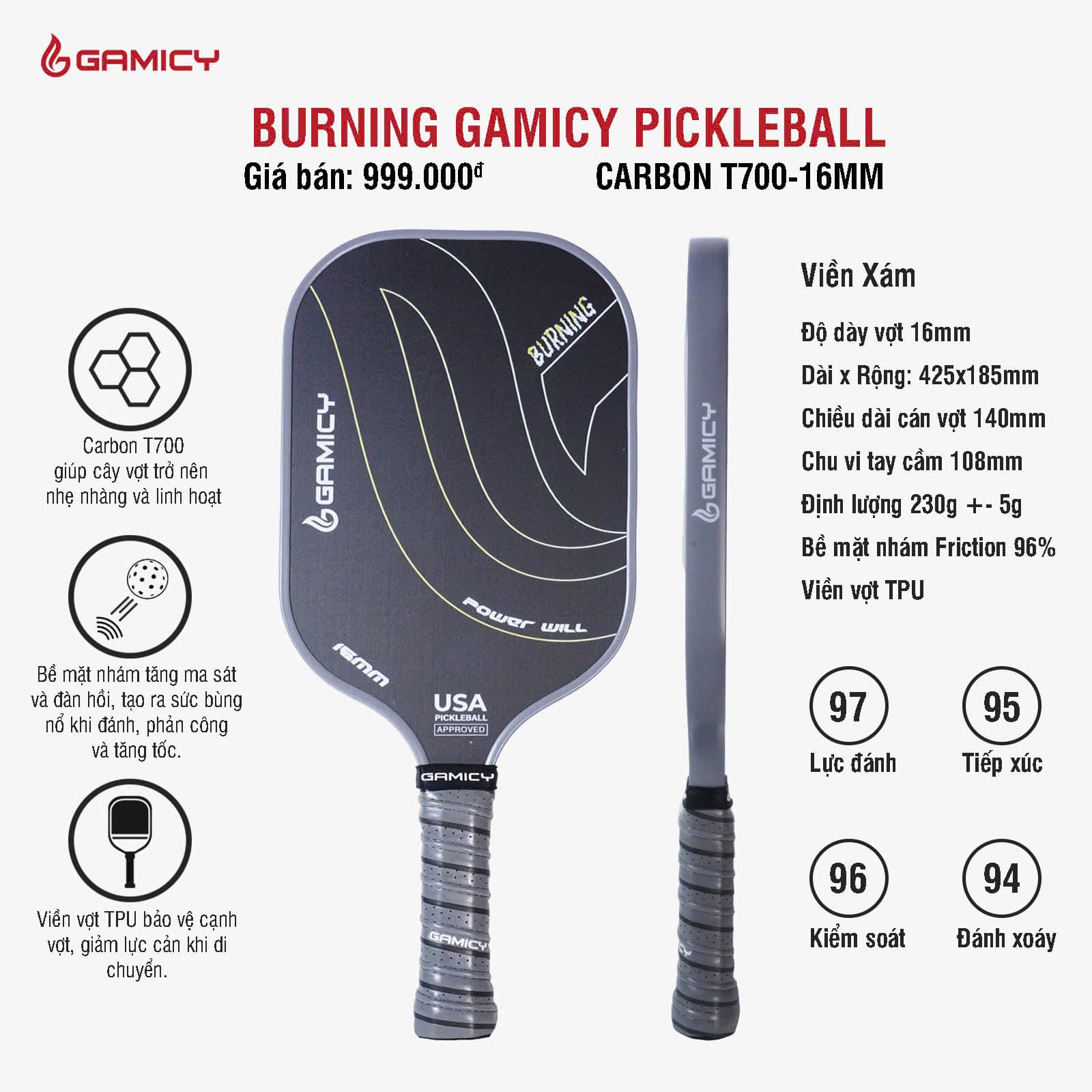 Vợt Pickleball Gamicy Burning T700
